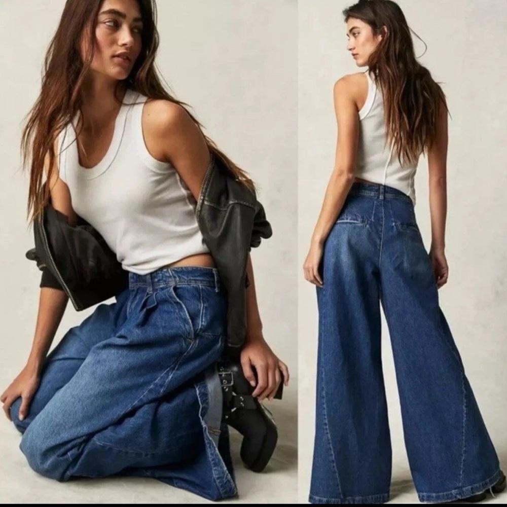 Free People We The Free Equinox Denim Trouser Wide Leg Baggy Slouchy Blue Sz 24